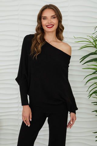 MILIO MILANO Ribbed Cuff & Hem Asymmetrical Sweater in Black Noir