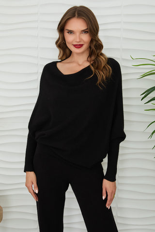MILIO MILANO Ribbed Cuff & Hem Asymmetrical Sweater in Black Noir