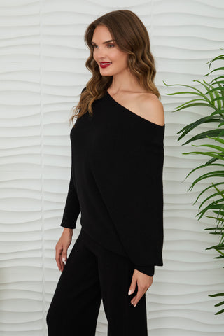 MILIO MILANO Ribbed Cuff & Hem Asymmetrical Sweater in Black Noir