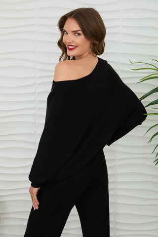 MILIO MILANO Ribbed Cuff & Hem Asymmetrical Sweater in Black Noir