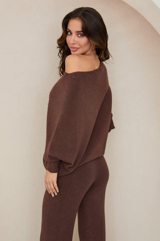 MILIO MILANO Ribbed Cuff & Hem Asymmetrical Sweater in Chocolate