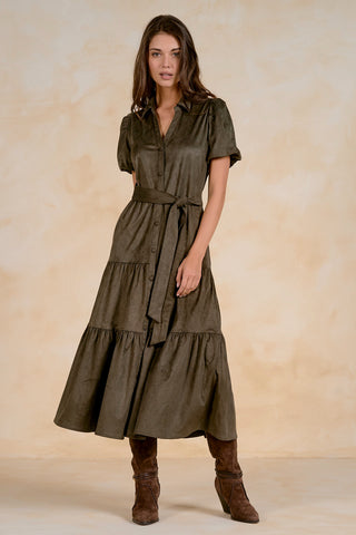 Tiered Faux Suede Midi Dress in Olive – Women's Midi Dress by Elan