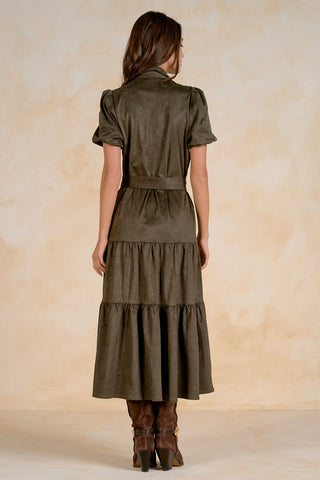 Tiered Faux Suede Midi Dress in Olive – Women's Midi Dress by Elan