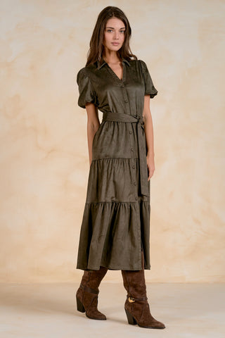 Tiered Faux Suede Midi Dress in Olive – Women's Midi Dress by Elan