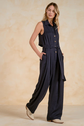 Elan: Dark Wash Denim Sleeveless Wide Leg Jumpsuit