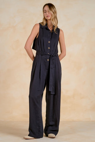 Elan: Dark Wash Denim Sleeveless Wide Leg Jumpsuit