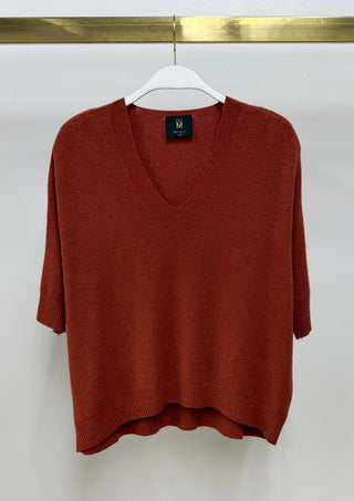 Italian V-Neck Light Sweater Knit Top in Paprika