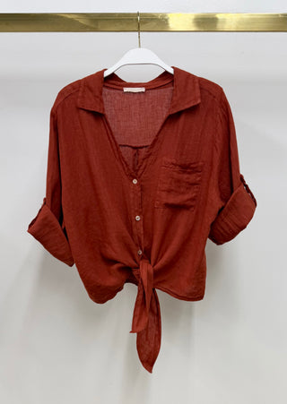 Milio Milano Italian Linen Front Tie Button Shirt in Rust