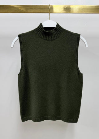 Milio Milano Italian Knit Sleeveless Mock Neck Top in Olive
