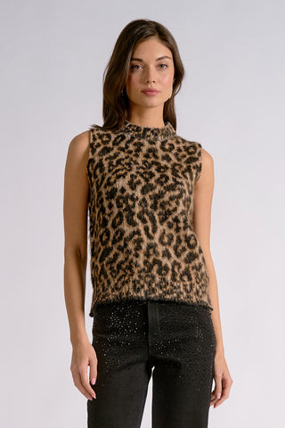 Elan Cheetah Sleeveless Crewneck Sweater Top