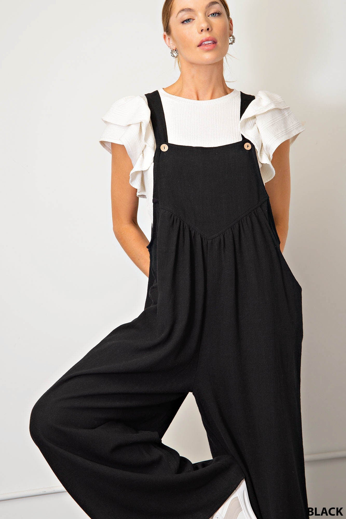 Shirring Detail Overalls in Black