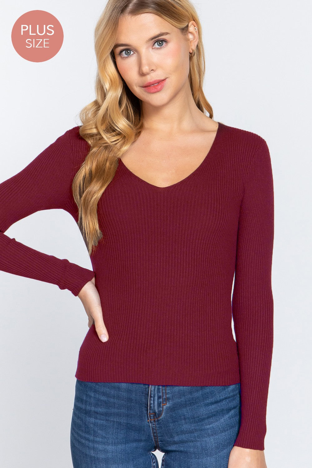 Curvy Size Long Sleeve V-Neck Rib Sweater
